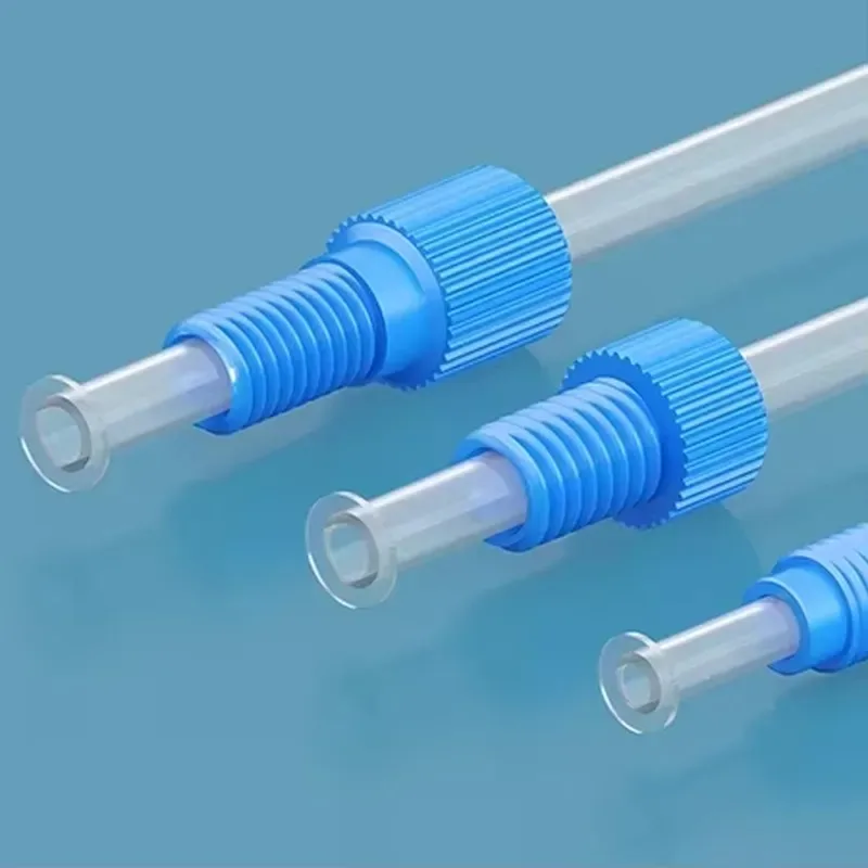 Small plastic fittings 1/4-28 UNF or M6 threaded flange fittings made of PP/PTFE material for standard rigid pipes