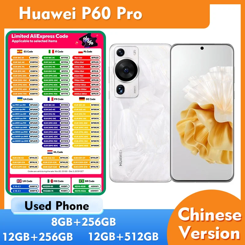شاشة Huawei P60 Pro 4G مقاس 6.67 بوصة 2700x1220px 4815mAh CPU Qualcomm Snapdragon 8+ 4G هاتف مستعمل