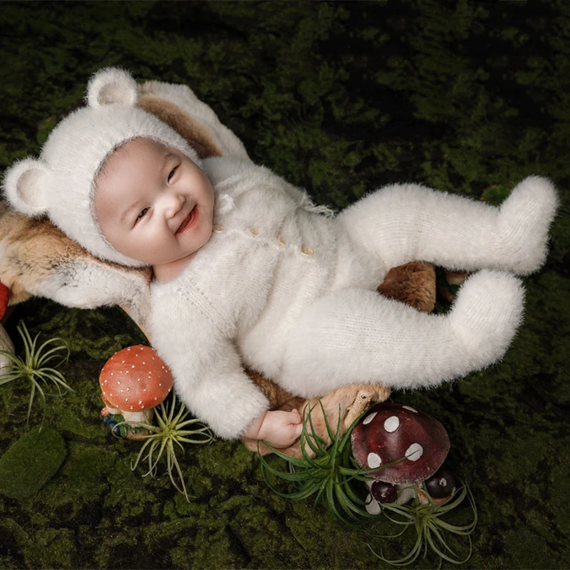 New Full Moon Hundred Day Baby Photography Clothing Baby Photography Bear Combo Set Studio Knitted Style Children's Clothing