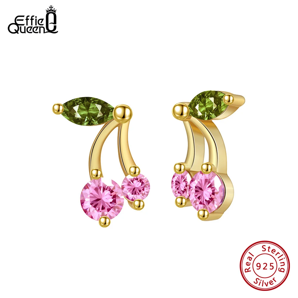 Effie Queen 925 Sterling Silver 14K Gold Cherry Stud Earrings Green & Pink AAAA Cubic Zirconia Fruit Design Great Present EQE120