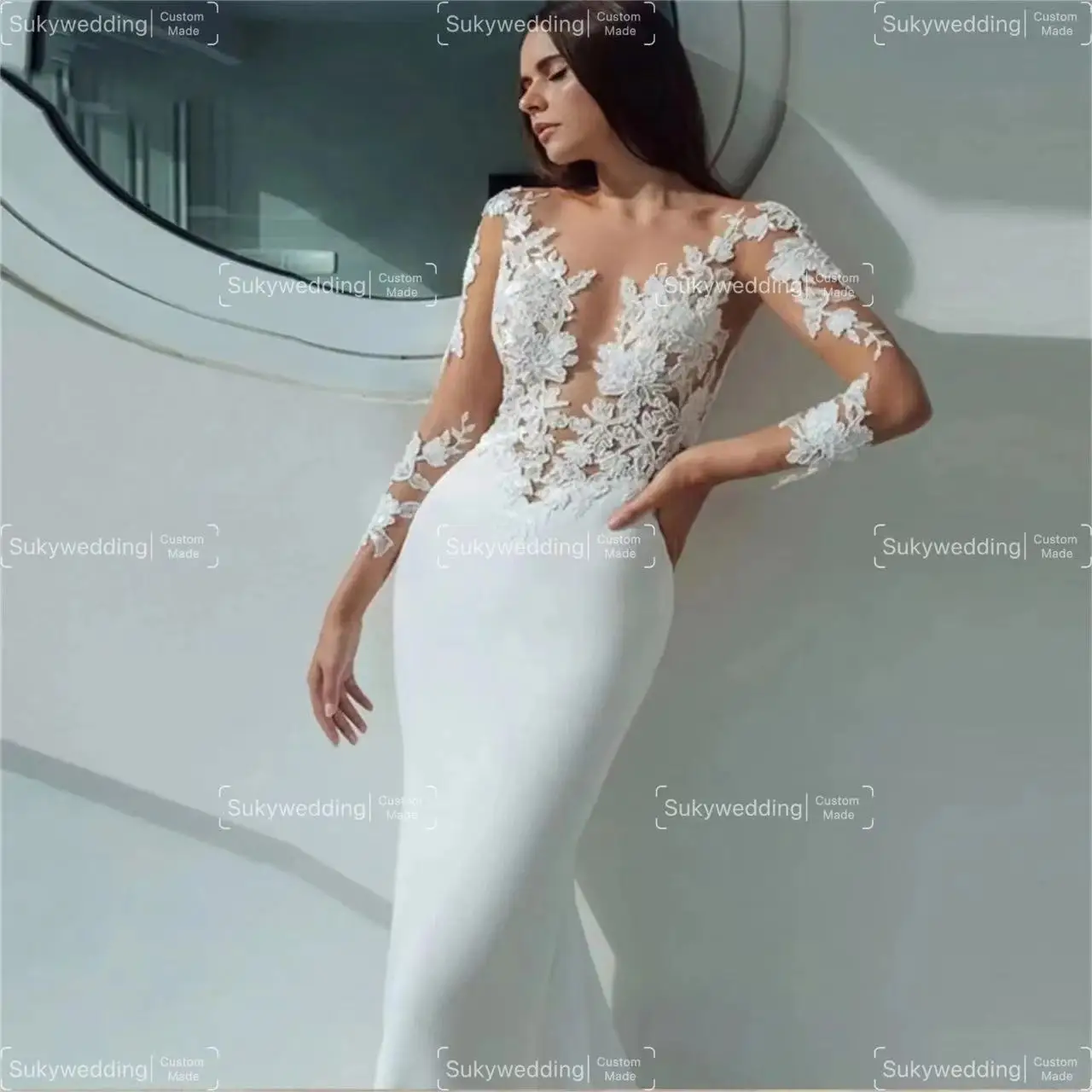 Crochet Lace Bohemian Wedding Dresses Sheer Long Sleeves Thin Sheer Crew Beach Bride Gown Hippe Country Wedding Gowns