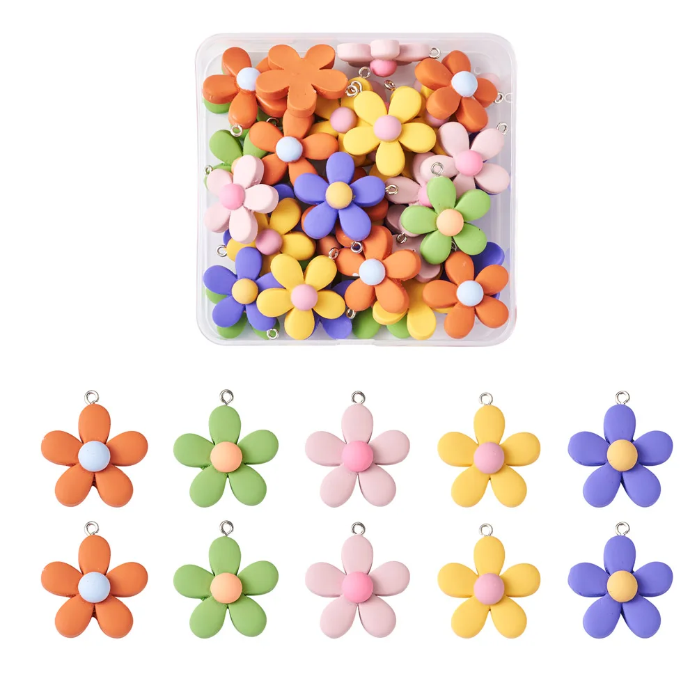 40Pcs 5 Colors Resin Pendants with Platinum Iron Peg Bail Flower Mixed Color 38pcs/color