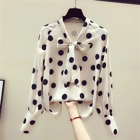 Blouse Women Polka Dot Chiffon Shirt Women\'s Spring  Autumn Retro Girl Long Sleeve Loose Top Blusas Mujer De Moda