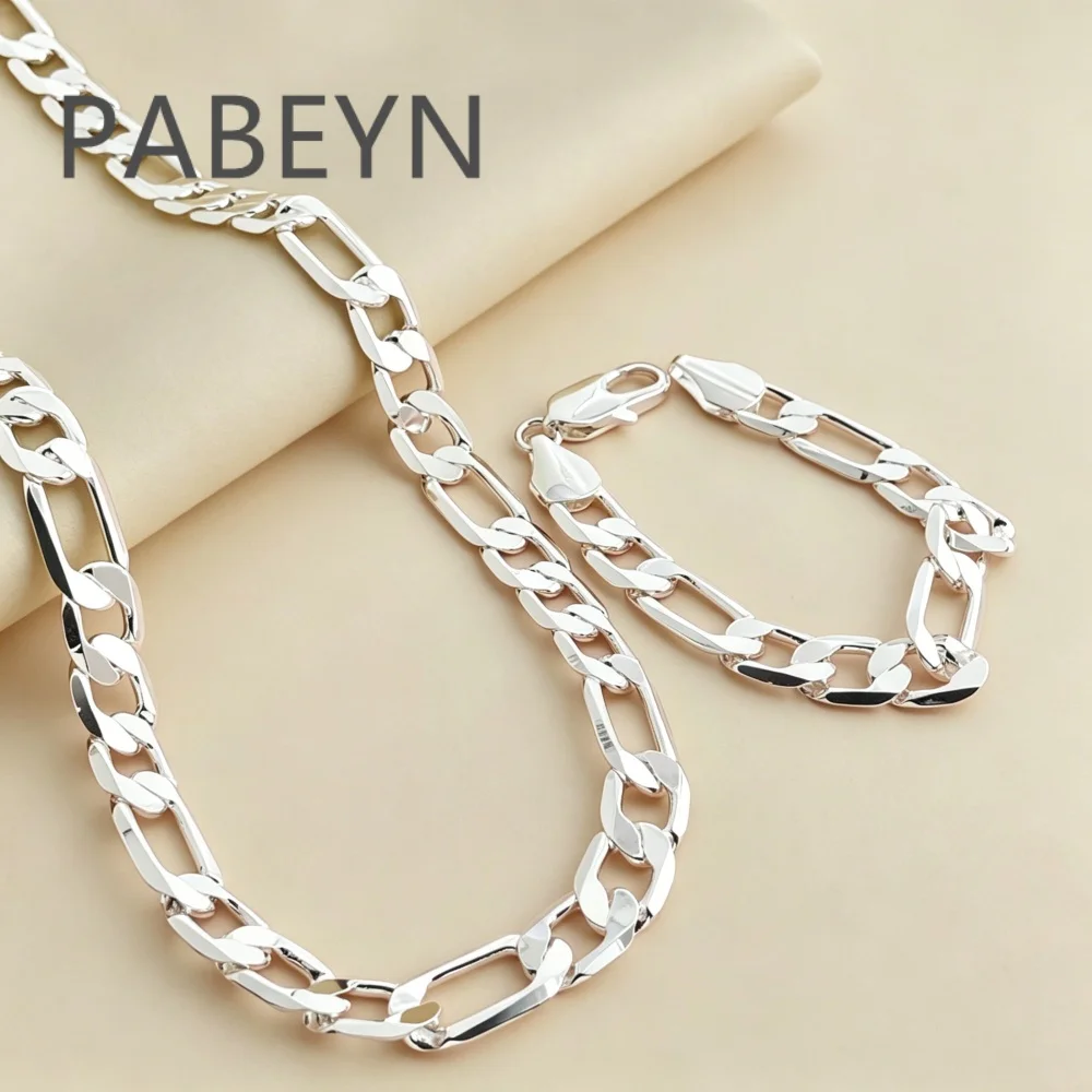 

925 Sterling Silver Fashion 12mm Three to One Necklace Bracelet Set, Men's Birthday Anniversary Gift