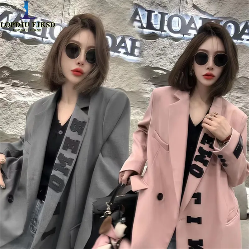 

Single Button Blazers Jackets For Women, Elegant Long Coat, Loose Clothing,Female Tops,Japan Style,Letter,Spring, Autumn,New,