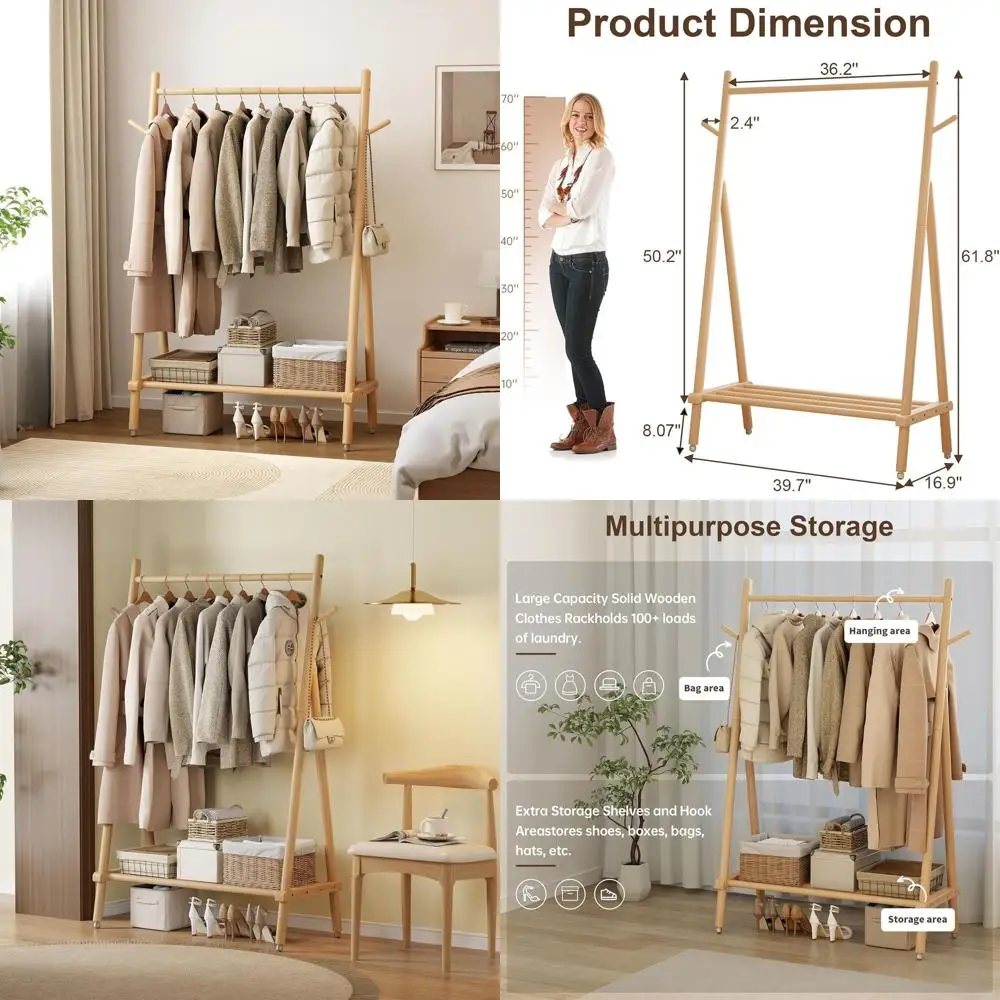 

Портативная вешалка для одежды на колесиках из натурального дерева с полками, вмещает 350 фунтов для подвешивания и организации одежды