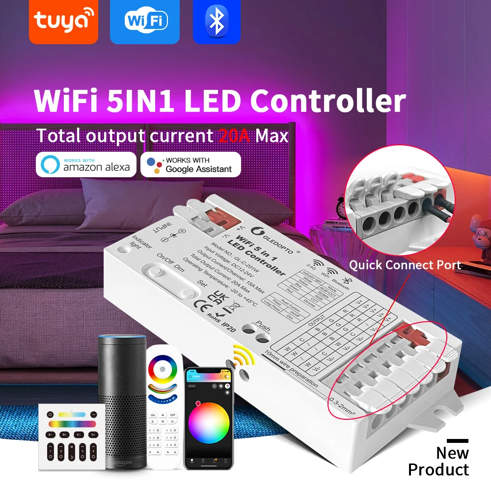 GLEDOPTO WiFi Bluetooth 5 in 1 LED Strip Controller 20A RGBCCT RGBW RGB CCT WWCW Dimmer Tuya Smart Life Alexa App Voice Control