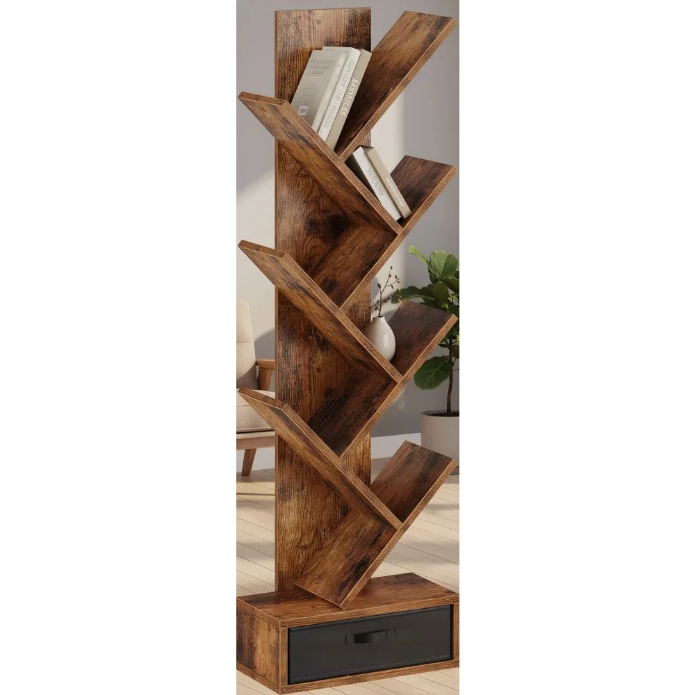 

7-уровневая книжная полка в виде дерева с ящиком, высокий узкий книжный шкаф для хранения книг/CD/фильмов, коричневая мебель для гостиной в деревенском стиле
