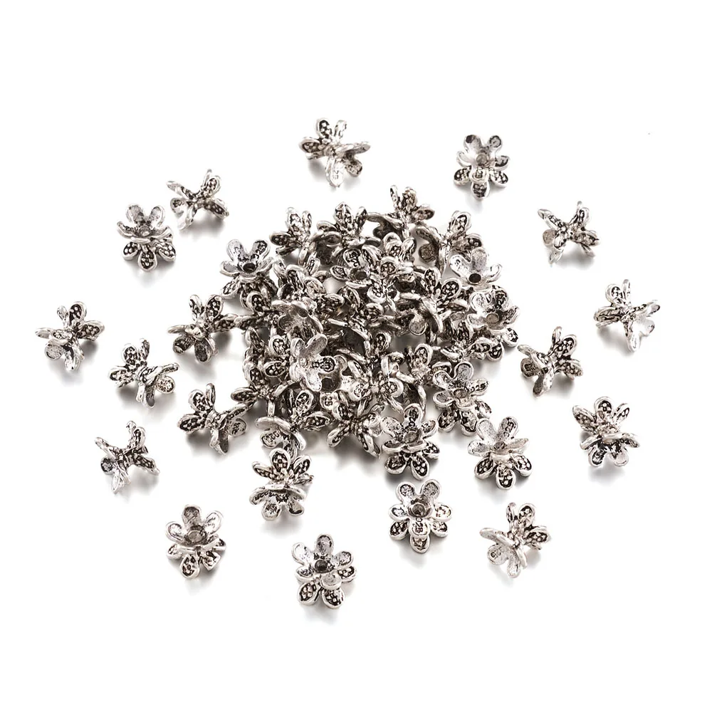 50 pcs Tibetan Style Double Sided Flower Bead Caps Antique Silver Color for Making DIY Jewelry Earring  Necklace Bracelet Charms