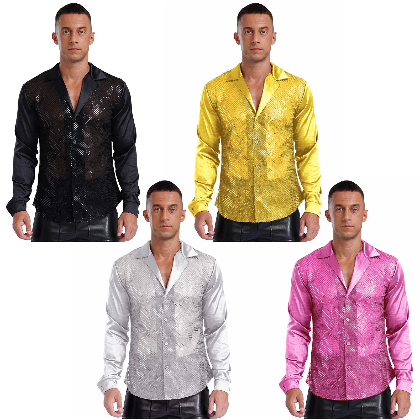 Camisas con lentejuelas para baile disco de los años 70 para hombre, camisa de retazos de satén de malla, camisa transparente de manga larga, Top brillante, disfraces de fiesta para Club