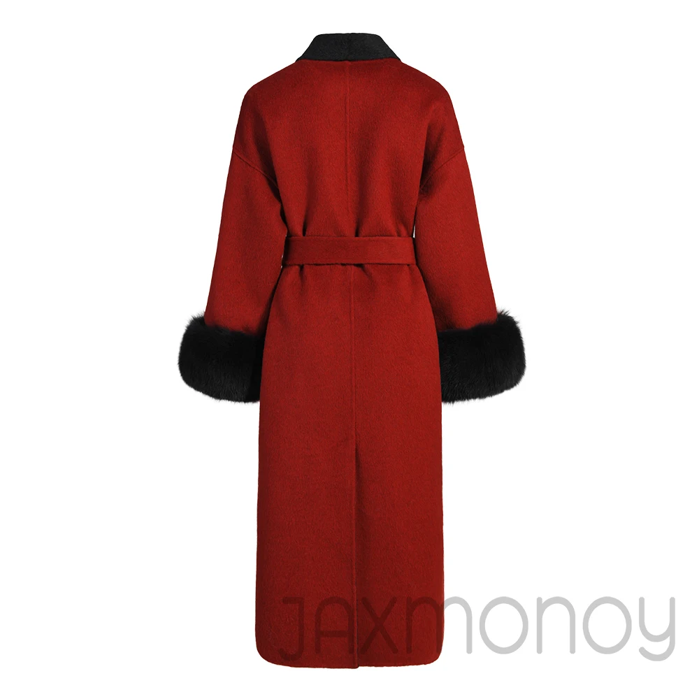 Jaxmonoy 2025 Winter Coat for Women Real Fox Fur Cuffs Long Wool Jackets Ladies Autumn Elegant Belt Slim Woolen Coat New Arrival