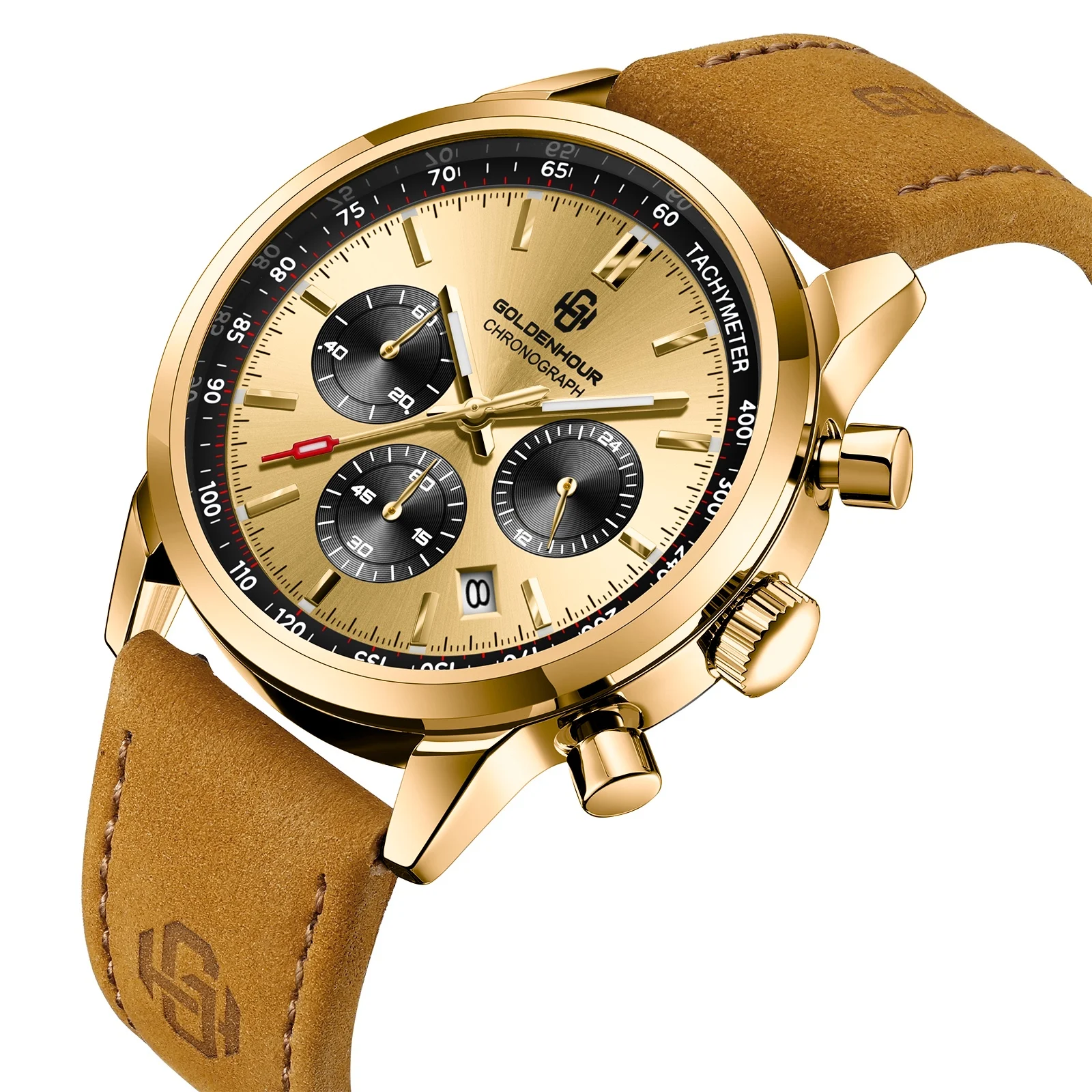 GOLDENHOUR Luxusuhr für Herren, goldenes Gehäuse, goldenes Zifferblatt, Chronograph, Quarz-Lederarmband, wasserdicht, leuchtend, Militär-Sport-Armbanduhr