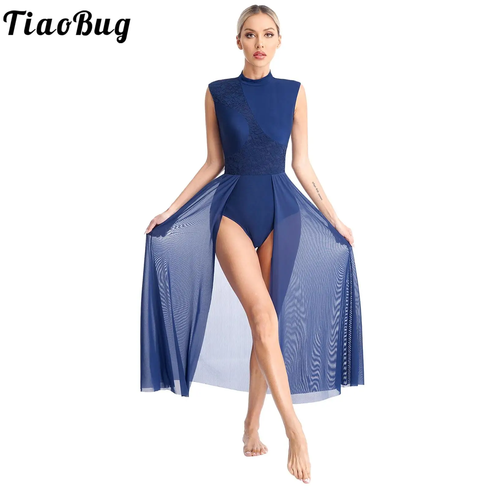 

Women Floral Lace Patchwork Lyrical Dance Dress Open Back Sleeveless Leotard Mesh Skirts Modern Ballet Stage Performance Costume