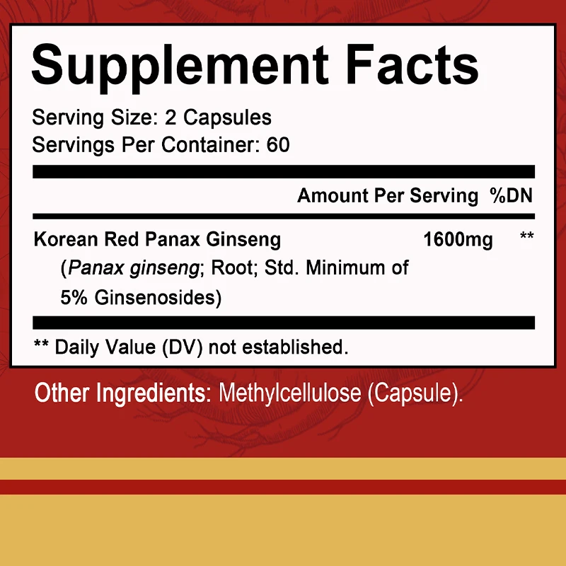 الجينسنغ الأحمر الكوري 1600 ملغ - مكمل الجينسنغ عالي الفعالية - الطاقة، دعم المناعة، التركيز للنساء والرجال، غير معدلة وراثيًا