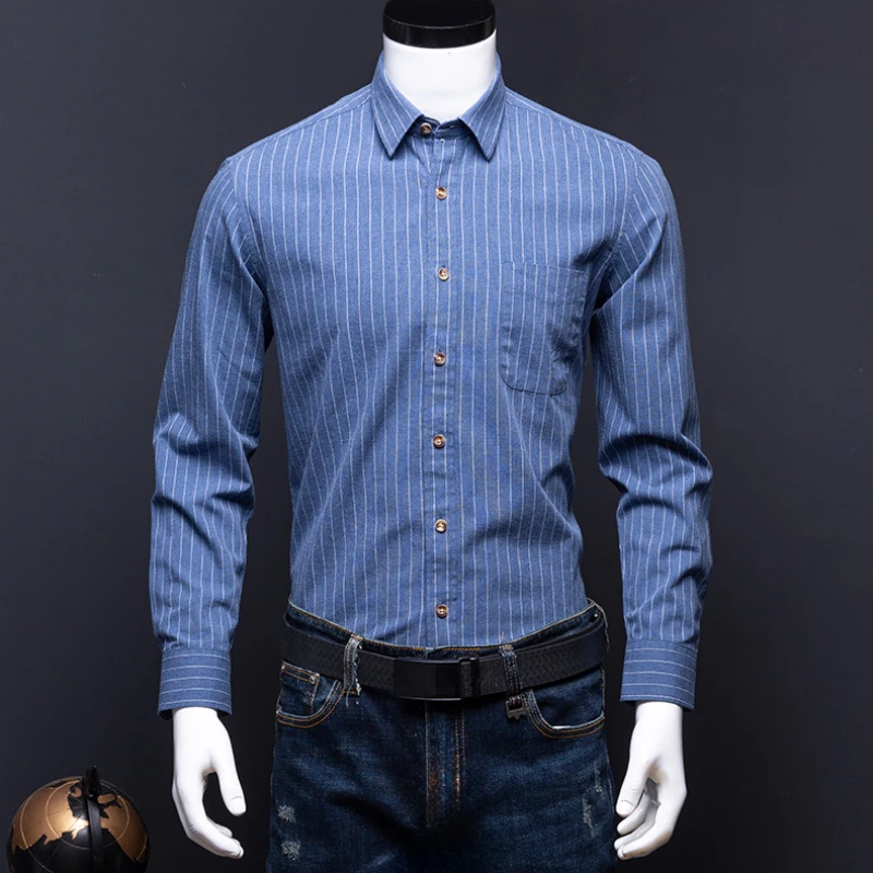 Soft Cozy Shirt Men Long Sleeve Plaid Striped Shirts 5XL 100 % Cotton Long Sleeve Shirt for Men Business Casual Relaxed Fit