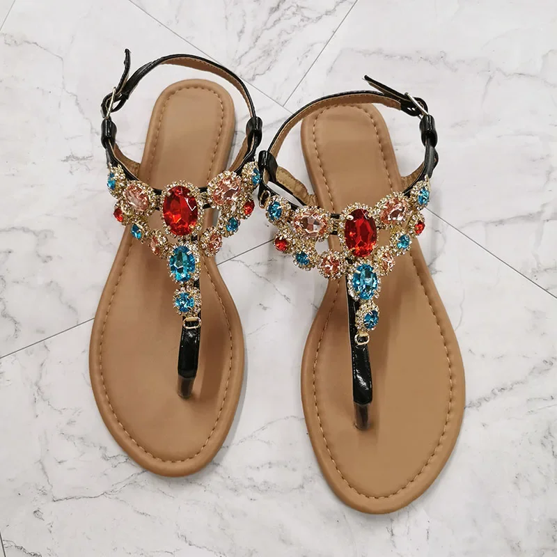 2024 Summer Glodiator Women Sandals Colored Big Diamond Party Shoes Rhinestone Decoration Simple Comfort Casual Woman Sandalias