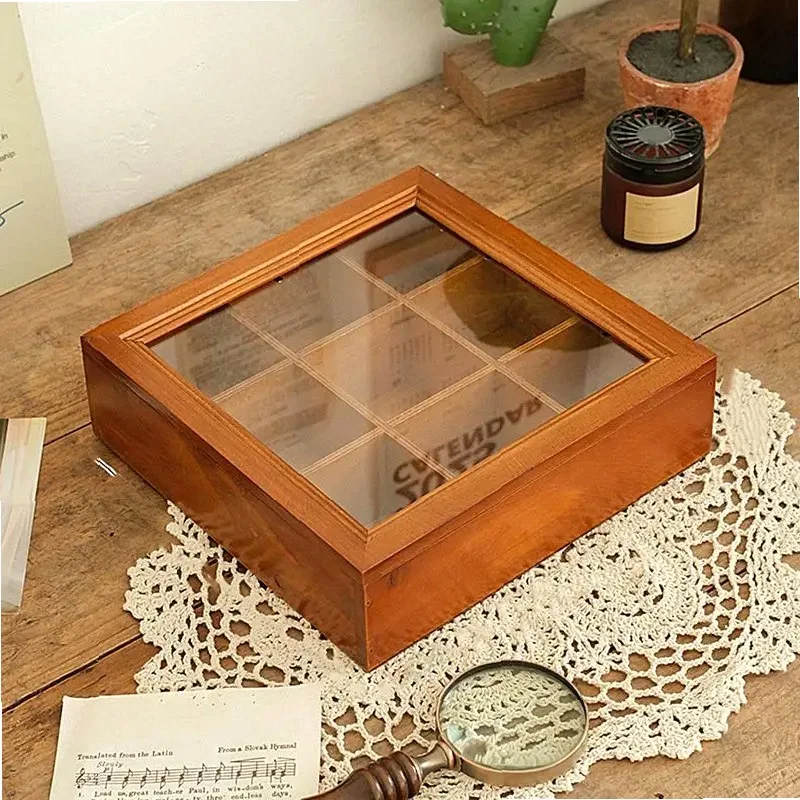 Wood Tea Bag Holder with Drawer & Window, 9-Compartment Countertop Organizer for Sugar Packets, Coffee Pods & Tea Box