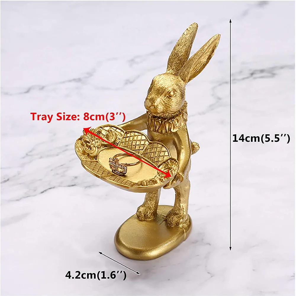 Cute Golden Bunny Figurine Jewelry Ring Tray Decorative Easter Rabbit Statue Resin Animal Sculpture Home Table Desk Ornament - view 5