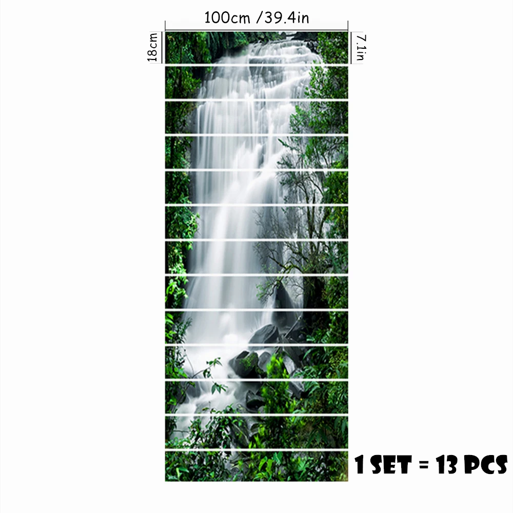 Jungle Waterfall Stair Riser Decals Peel & Stick Vinyl 13Pcs 100x18cm Waterproof Removable Stair Stickers Home Staircase Decor