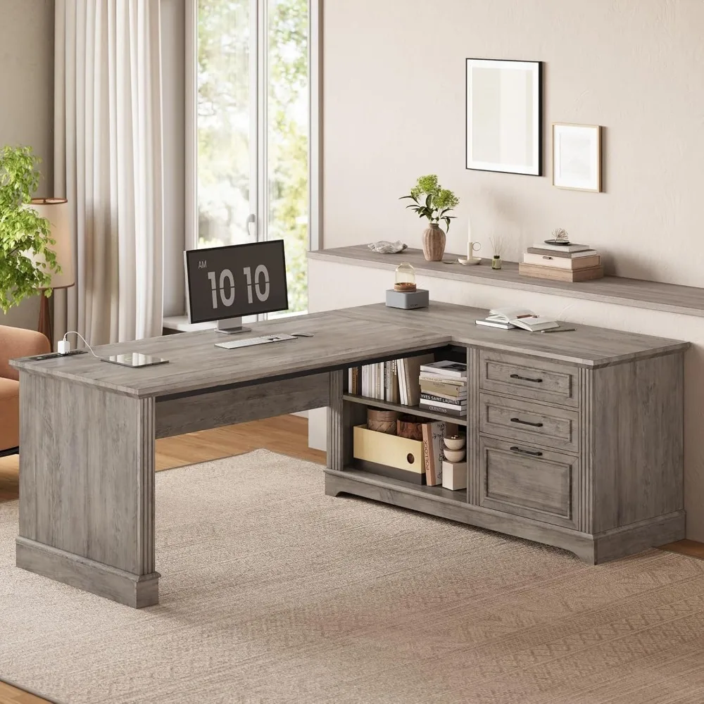 L-Shaped Executive Office Desk with File Storage & Power Outlets 6