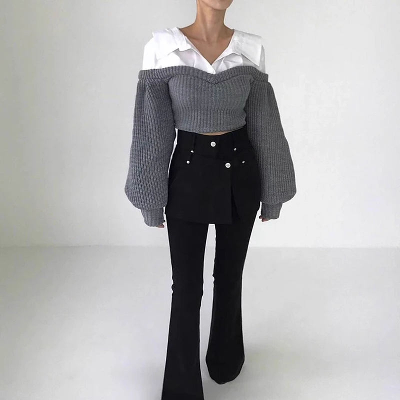 Maglione nero corto Moda donna Patchwork Pullover lavorato a maglia Maglieria coreana a maniche lunghe Autunno Inverno Maglioni dal design elegante