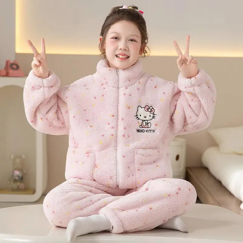 

kawaii Sanrio Kid Hello Kitty Plush Pajamas Set Cartoon Homewear Anime Thickened Sleepwear Suit Cute Sweet Nightwear Girl Gift