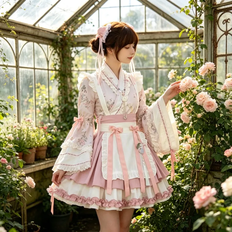 

Lolita Set New Chinese Style Cross Collar Improved Lolita Floral Wide Sleeved Dress for Girls' Tea Party Photo Performance Dress