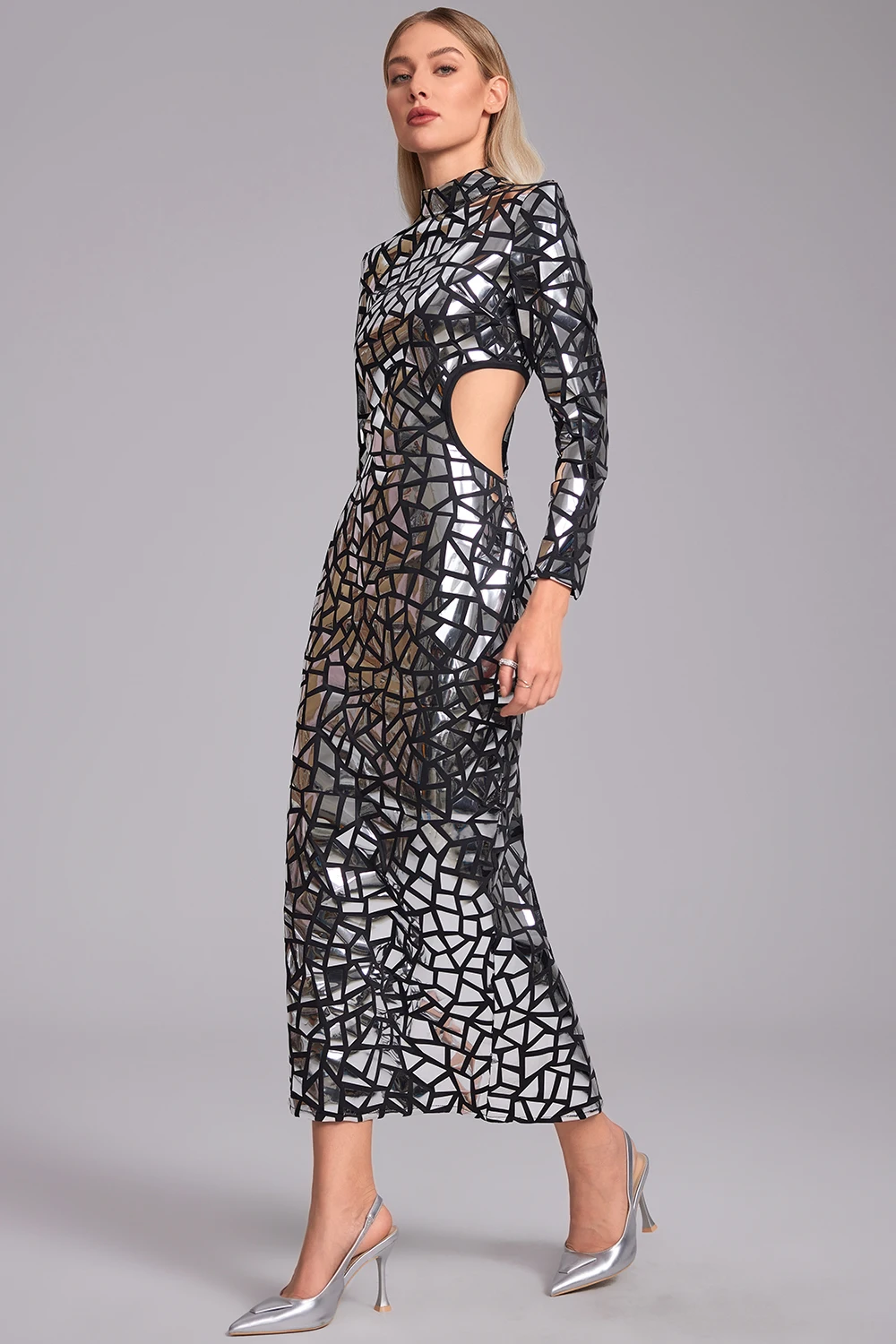 فستان نسائي طويل برقبة وهمية معكوسة ترتر أسود فستان ماكسي بأكمام طويلة فضي سباركلي أداء المغني