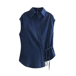 Tangada 2024 Women Blue Denim Blouses Sleeveless Female Wrap Shirts Tops 4M038