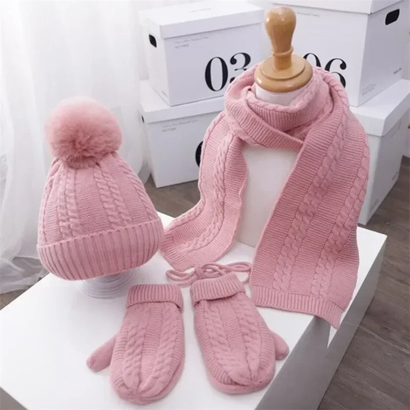 Children's Knitted Pompom Beanies Hat and Scarf Set Kids Hats and Scarfs Glove Solid Suit Warm Cap Boys and Girls Winter 1-5T