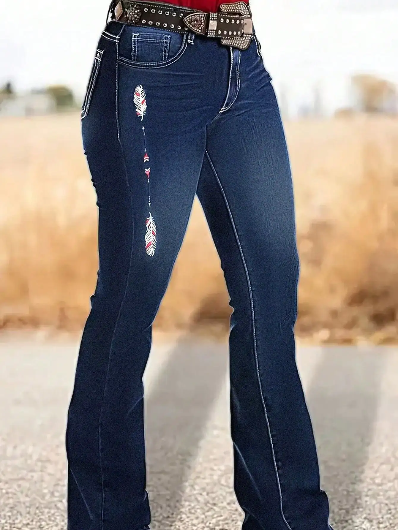 

WGXWGX Women's HighWaisted Flared Jeans Trendy Embroidered Distressed Cotton Denim BeltCompatible Length Trendy Casual Pants