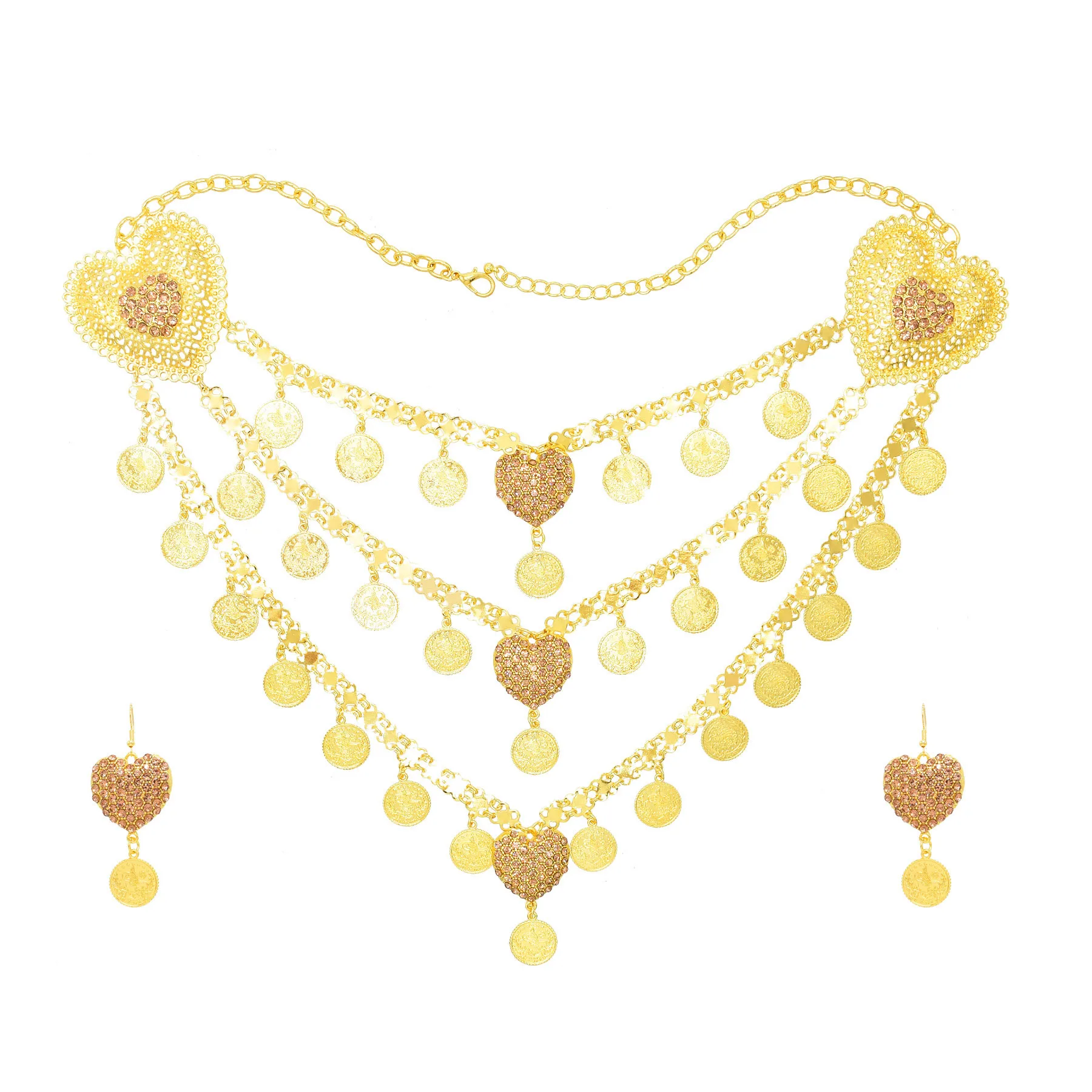 3-Layer Golden Coins Tassel Heart Hollow Crystal Flower Pendant Necklace Earrings for Arab Indian Bridal Wedding Jewelry Set