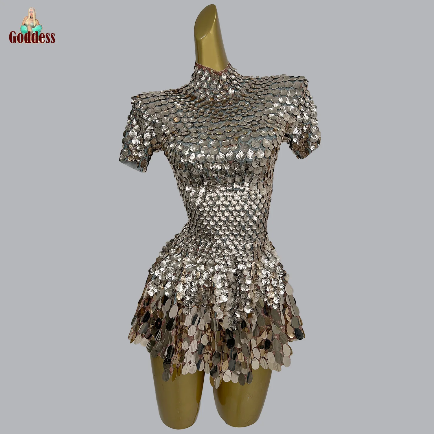 

Women's Sparkly Shell Sequins Pleated Dress Sexy Clubbing Show Costume Singer Dance Troupe Stage Wear Party Birthday Mini Dresse