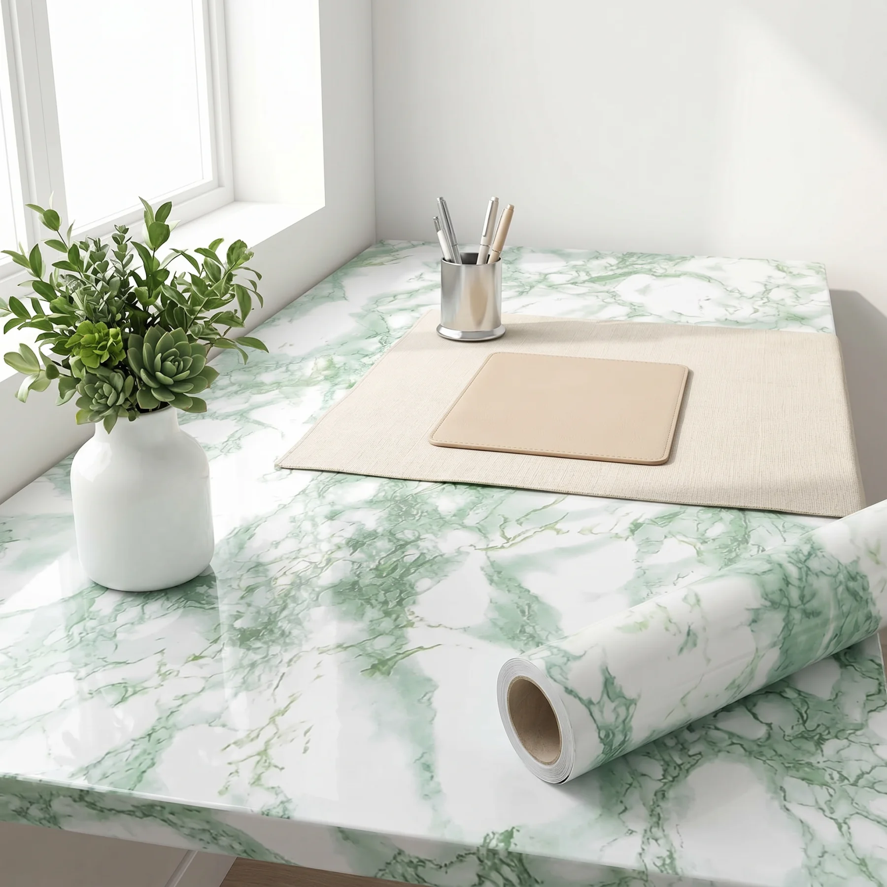 Glossy Green Marble Self‑Adhesive Contact Paper Peel Stick Waterproof PVC Film for Countertop Cabinet Home Furniture Decoration