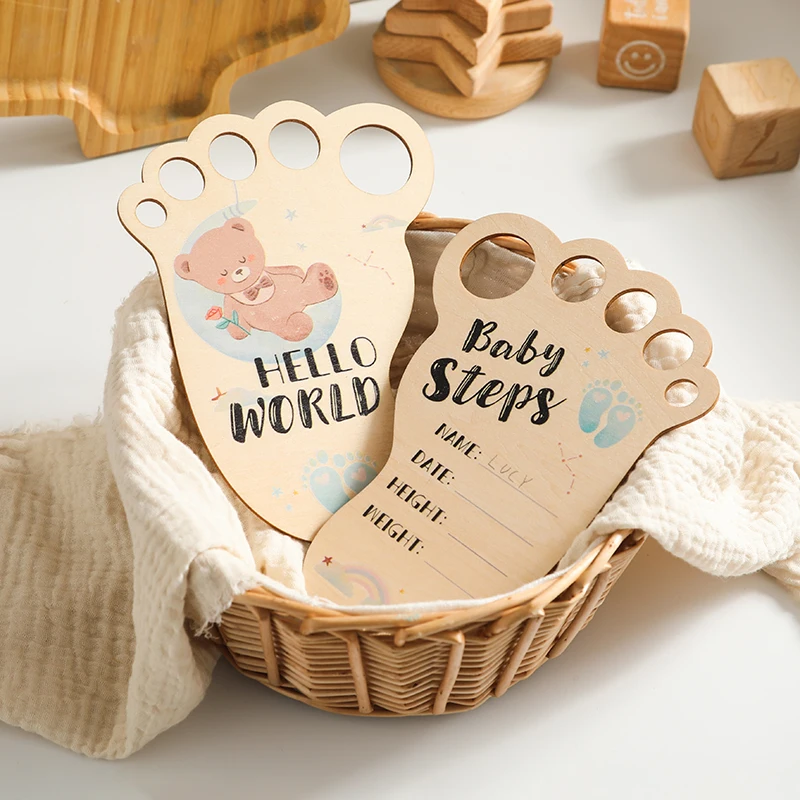 Baby Photography Accessories Footprint Wooden Milestone Card Newborn Growth Commemoration Props Hello World photography Props