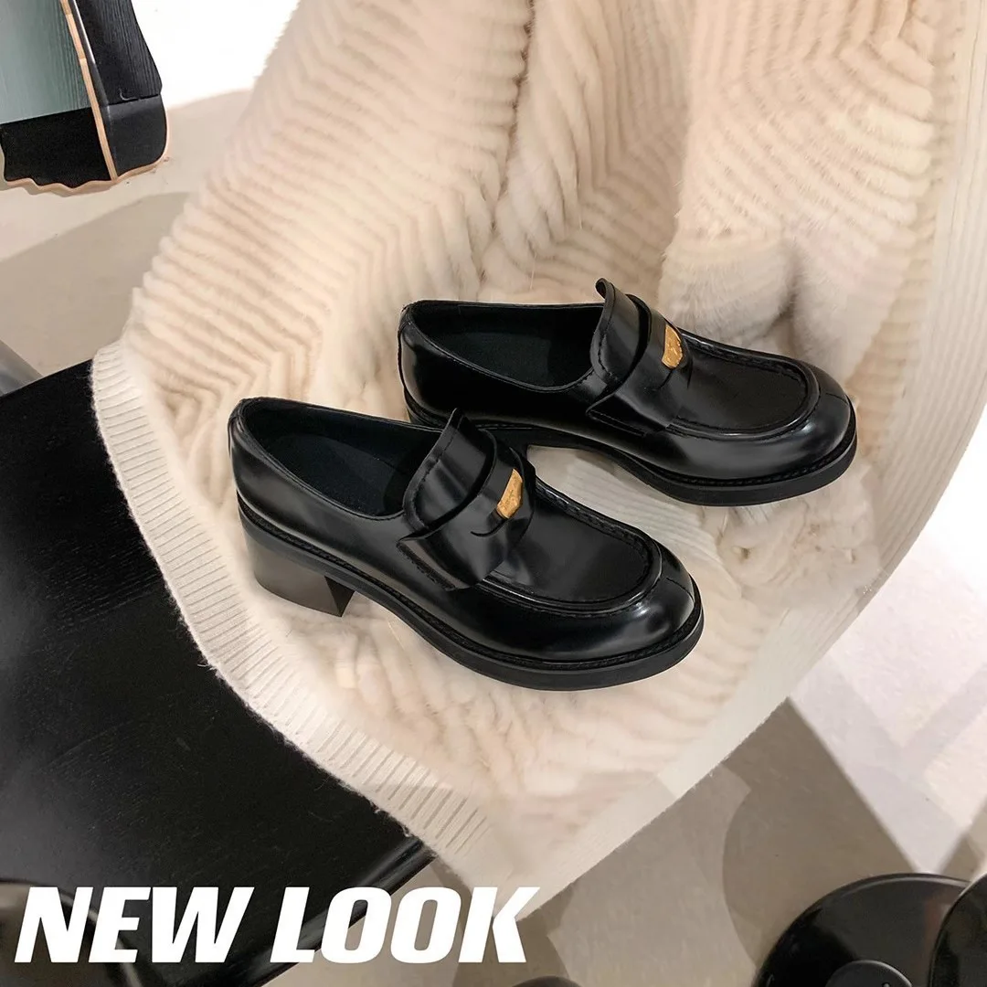 

Fashion Metal Buckle Women Shoes Round Head Slip on Female Pumps Outdoor Cover Heel Loafers Zapatos Mujer