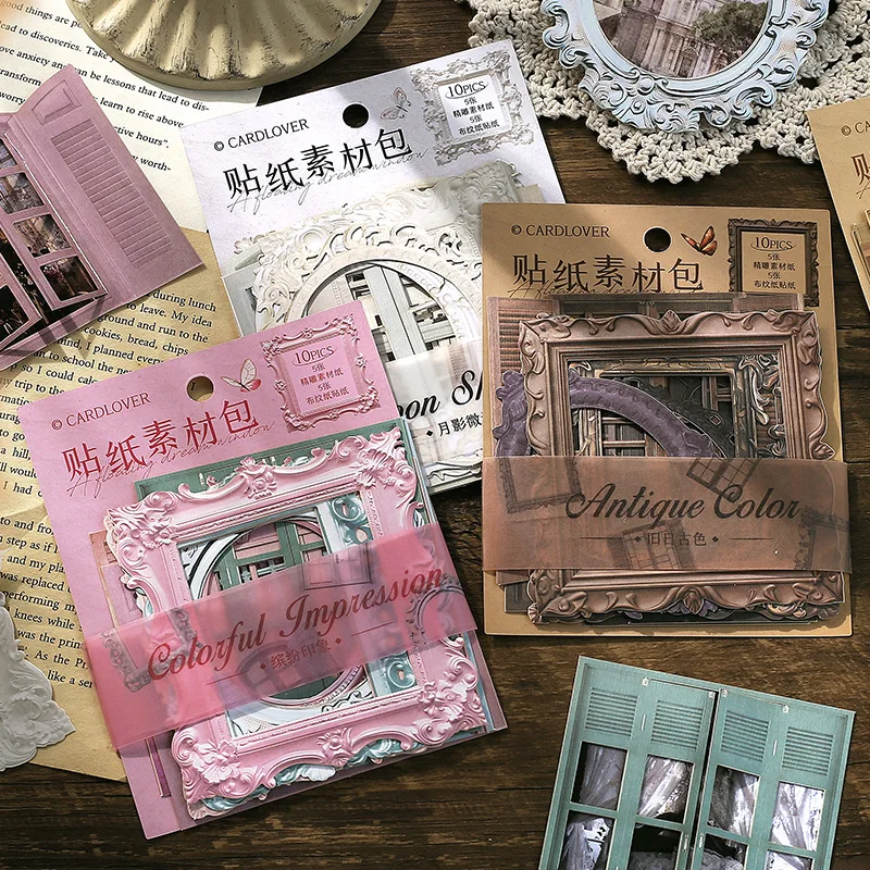 10 pcs Vintage Cutout Frame Decor Handbook Materials Paper Journal DIY Scrapbooking Collage Planner Creative Office stationery