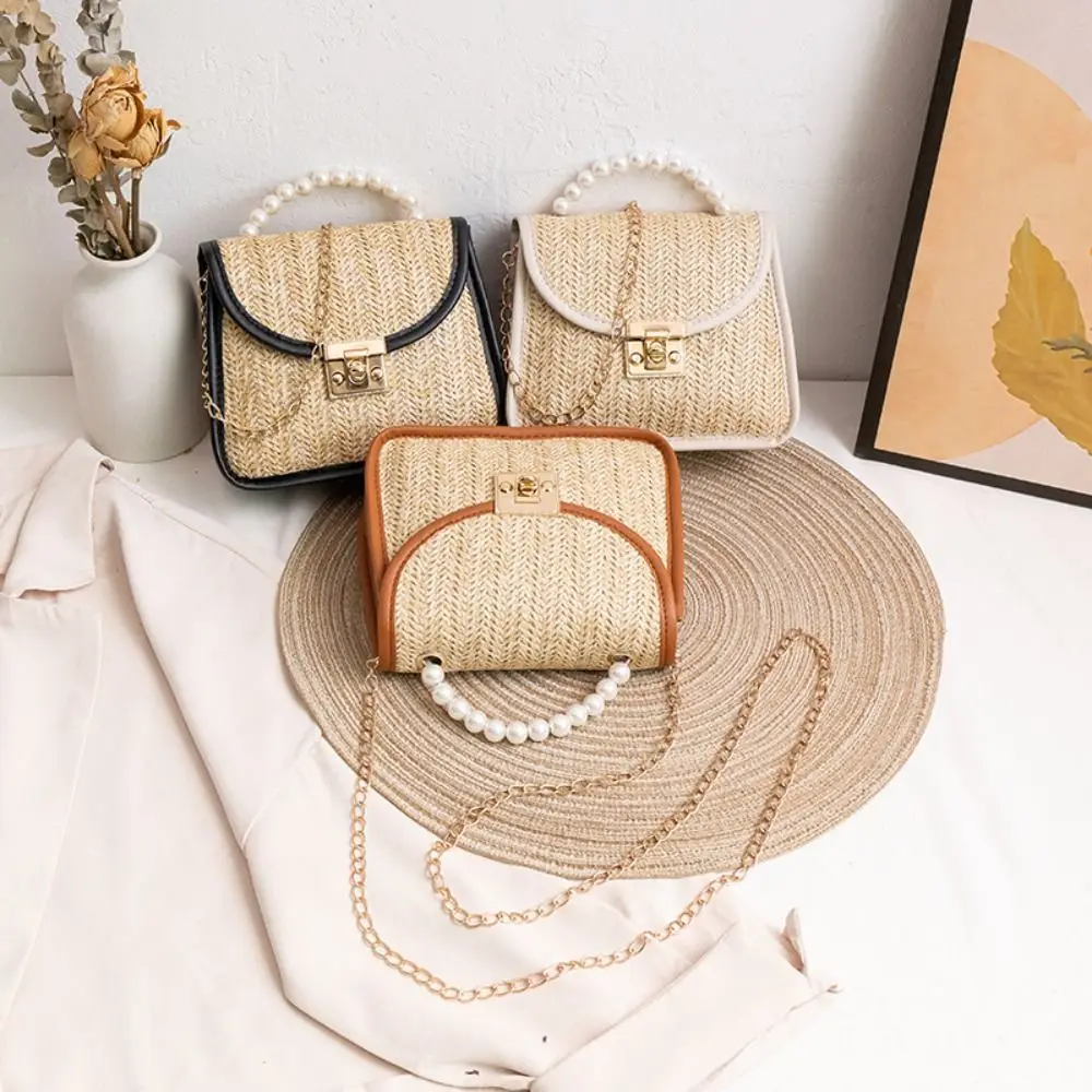 

Ladies Summer Straw Bag Rattan Wicker Handbag Pearl Crossbody Beach Shoulder Bag