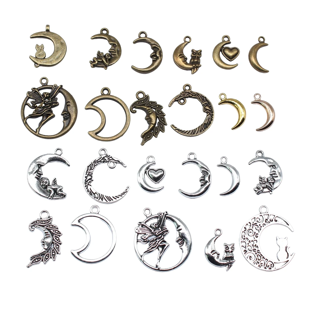 10pcs Moon Charms For Jewelry Making Antique Bronze Silver Color Pendants Making DIY Handmade Tibetan Finding Jewelry