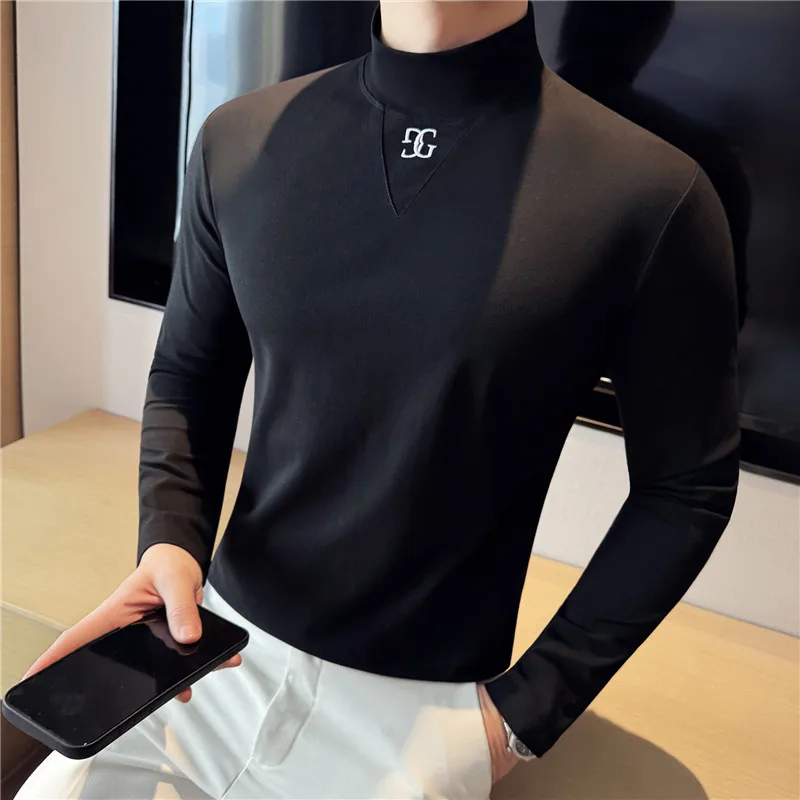 Men's Slim-Fit Long Sleeve T-shirt Fashion Letter Embroidery Half Turtleneck Mid-Collar Black Stretch Bottoming Shirt