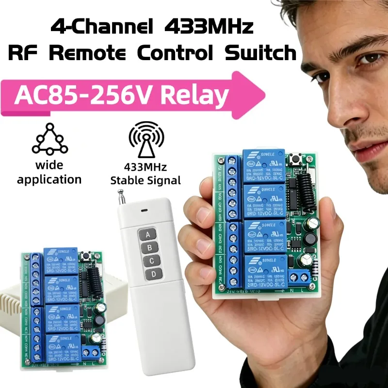 433Mhz Universal Wireless Remote Control AC110V 220V Relay 4CH Module Receiver 4key Transmitter For Garage Door Gate Motor Light