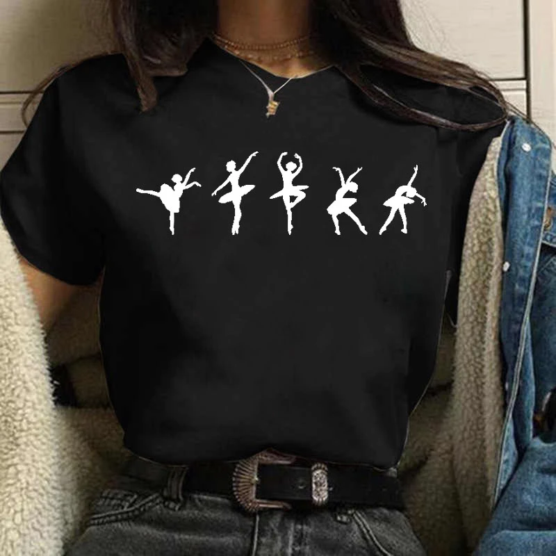 Bawełniana 100% czarna koszulka baletowa w stylu Vintage czarna Top na co dzień z nadrukiem baletowym dla kobiet baza dla kobiet amerykańska koszulka oversize