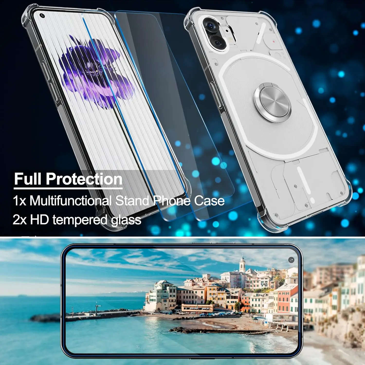 Ring Holder Reinforced Corners Case with 2pcs Tempered Glass Clear Phone Shockproof Cover for Nothing Phone 1 2