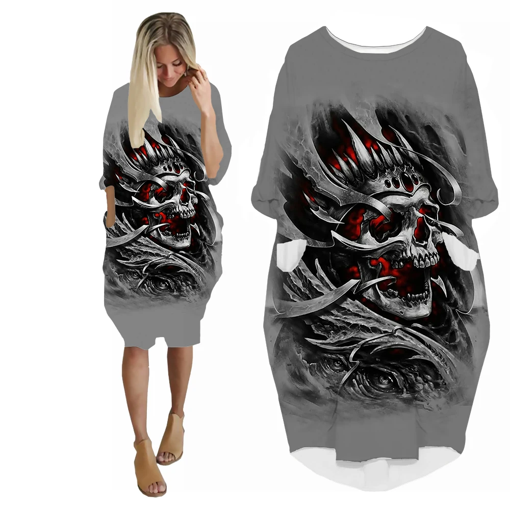 SONSPEE 2022 Long Sleeves Woman's Dress Girl Lady Street Casual Elegant Breathable Over the Knee Gown Horror Skull Print Skirt