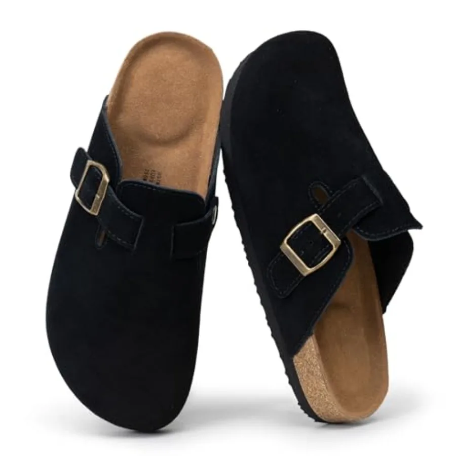 

Suede Clogs for Women Genuine Leather Slip On Mules Cork Footbed Sandals with Arch Support Potato Shoes
