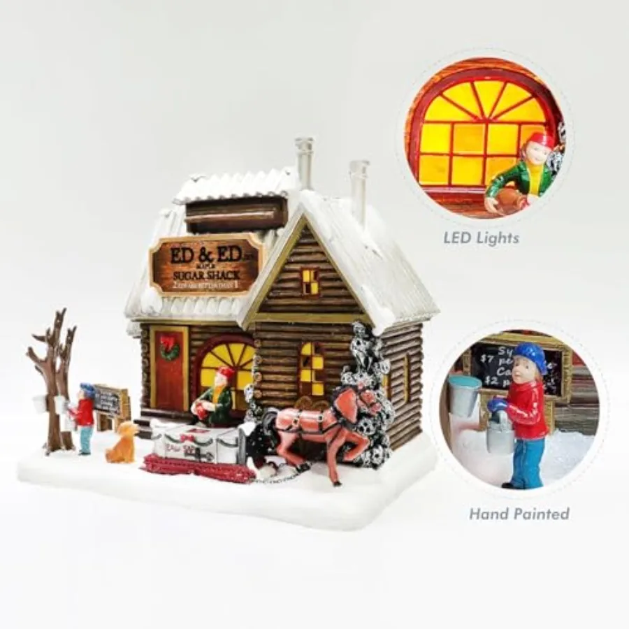 Light Up Sugar Shack Christmas Village House Hand-Painted Polyresin Cabin Scene with Horse and Dog Winter Holiday Décor Battery view 4