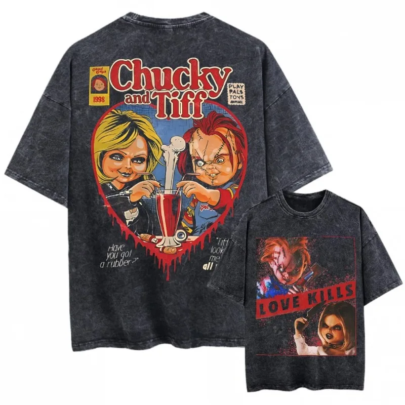 Camiseta negra extragrande unisex vintage lavada, camisetas de manga corta con gráficos, ropa para hombres y mujeres, Chucky y Tiffany, el amor mata a Chucky