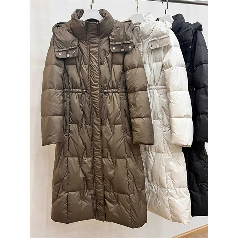 Schinteon Women White Duck Down Long Jacket Casual Slim Autumn Winter Outwear with Hood Warm Thick Coat 2025 New Korean Style