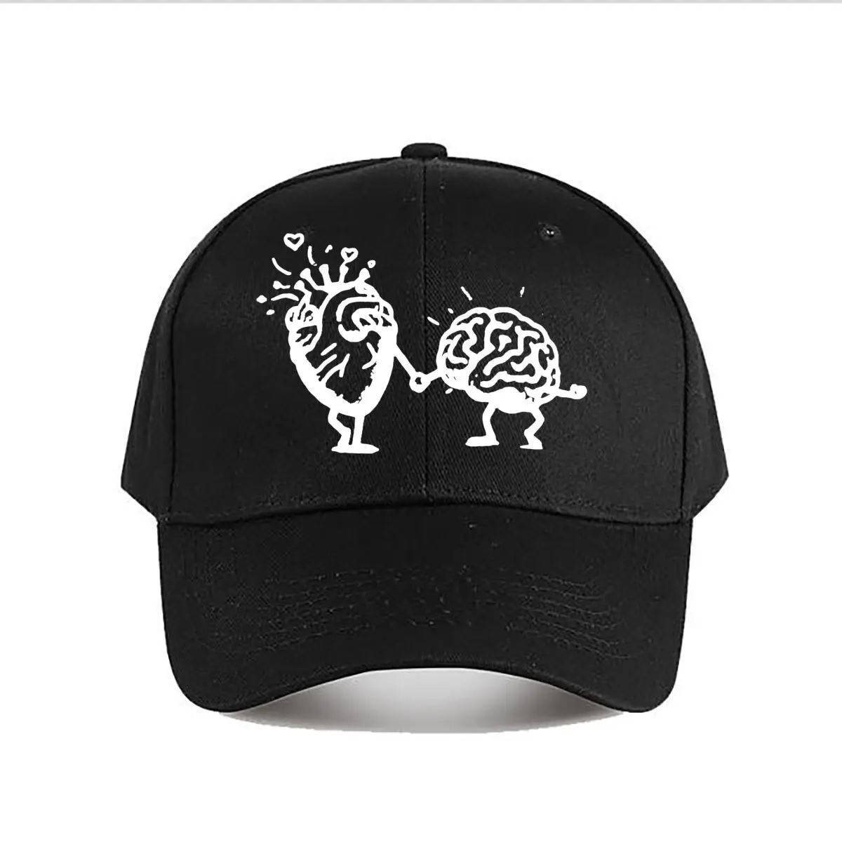 Black White Cartoon Heart Brain Holding Hands Wall Decor Baseball Cap Fashion Men Sunhat Women's Outdoor Sports Snapback Cap
