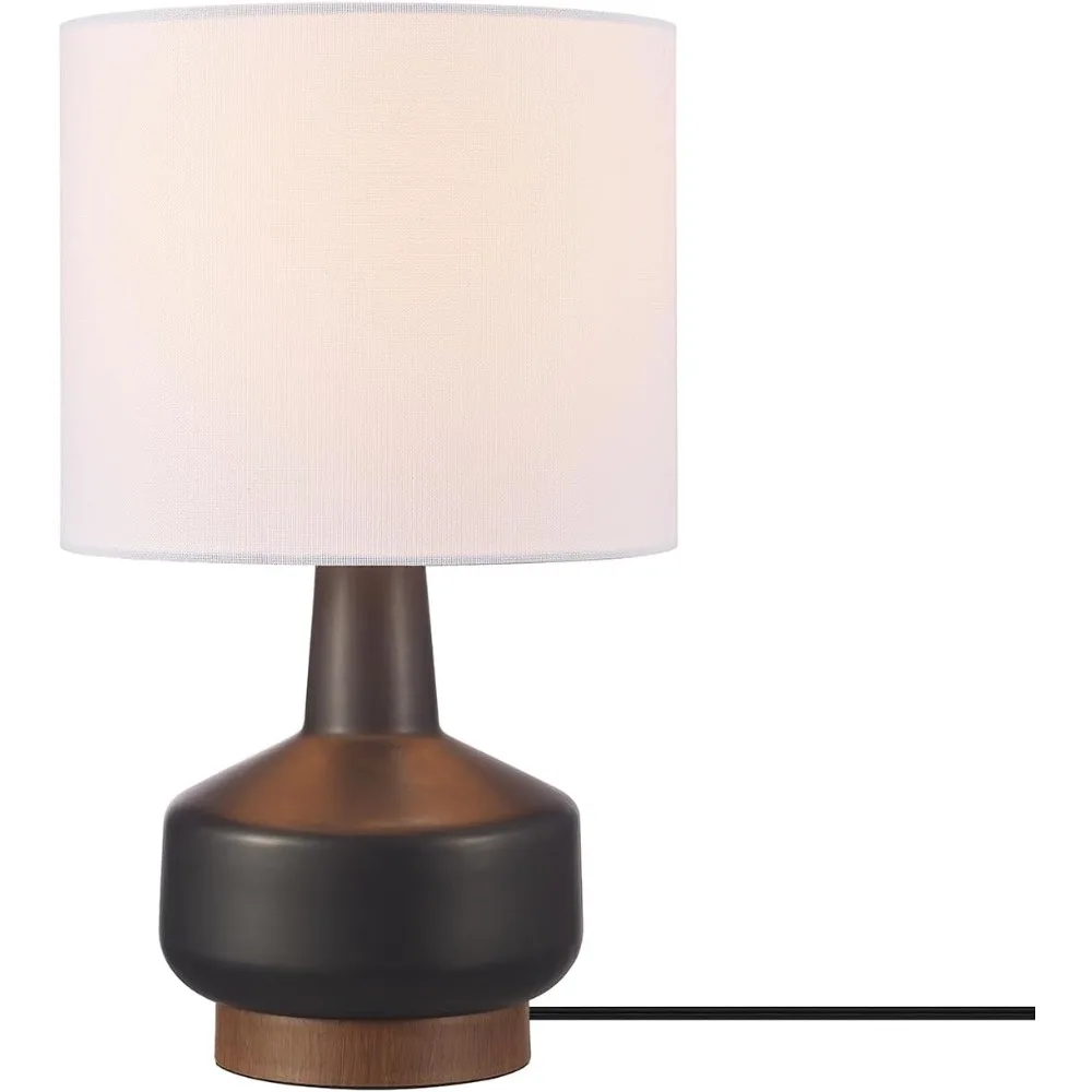 Globe Electric-lámpara de mesa de cerámica 61000046 de 15 ", color negro mate, Base tonificada de madera, sombra de lino blanco, interruptor giratorio de encendido/apagado, enchufe